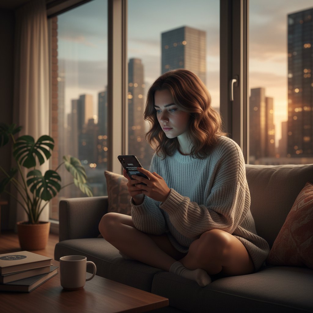 Młoda kobieta czytająca horoskop na smartfonie w miejskim mieszkaniu, wieczorne światło