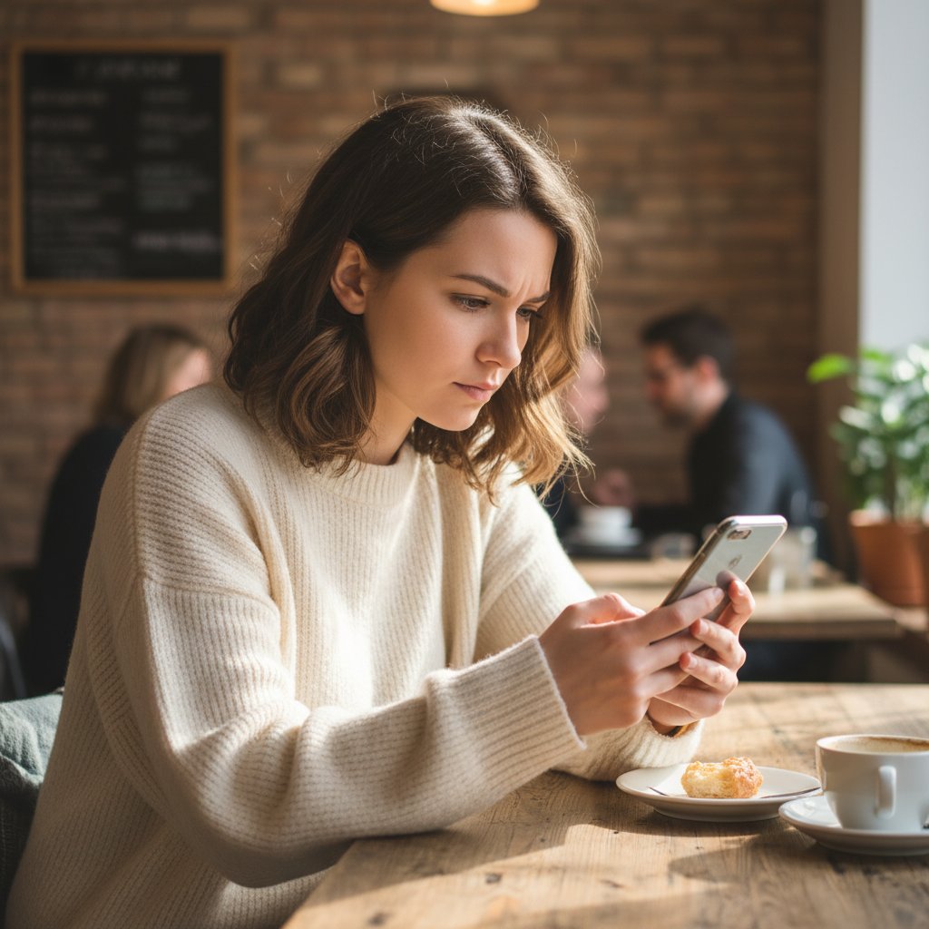 Młoda kobieta czytająca długi artykuł na smartfonie w kawiarni, skupiona i zaangażowana – symbol rosnących oczekiwań wobec jakości contentu