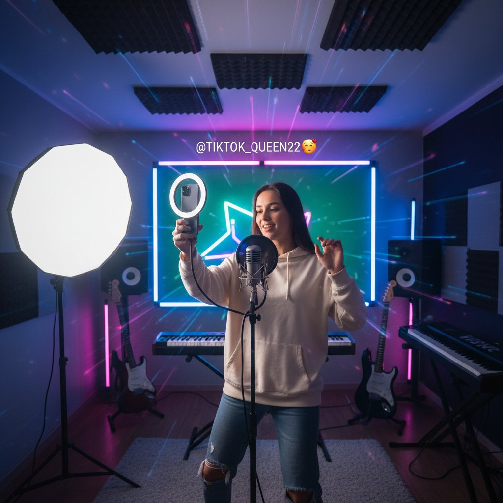 Młoda kobieta nagrywająca viralowe video na TikToka w domowym studio, dynamiczne światło