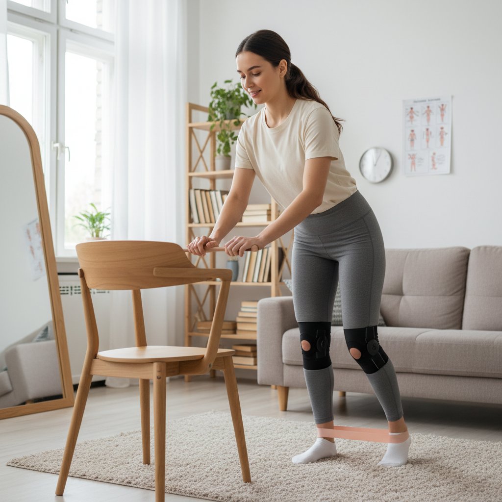 Młoda kobieta ćwicząca rehabilitację w domu, uśmiechnięta, otoczenie przytulne