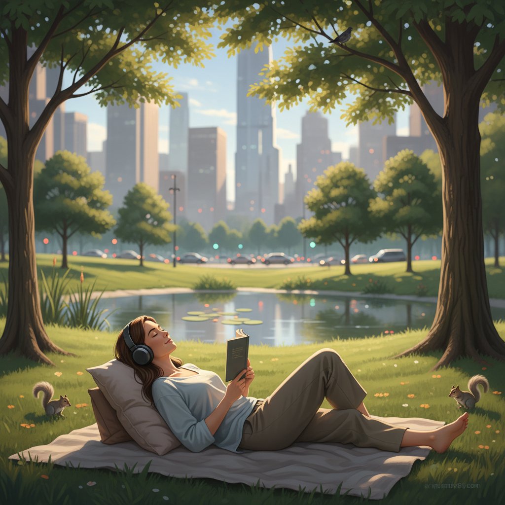Młoda kobieta odpoczywająca w parku, ucieczka od miejskiego zgiełku, relaks, zdrowie psychiczne