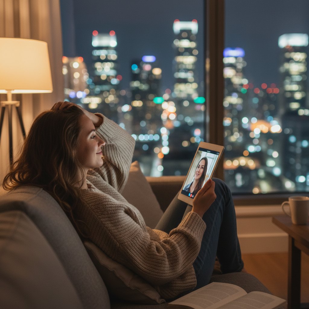 Młoda kobieta korzystająca z relaksacyjnej rozmowy online na smartfonie, wieczorny klimat, miasto za oknem