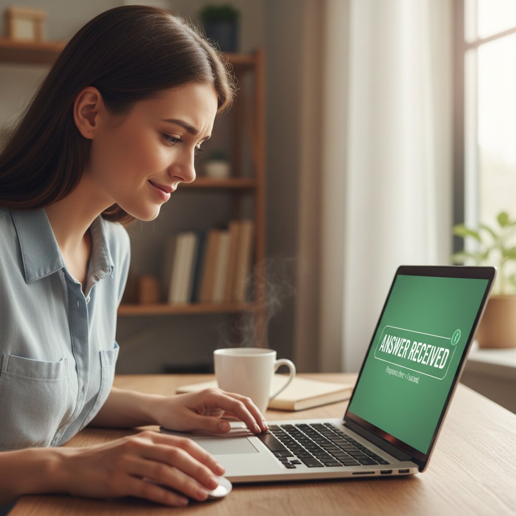 Młoda kobieta siedząca przed laptopem, wyraźna ulga po otrzymaniu szybkiej odpowiedzi eksperta online