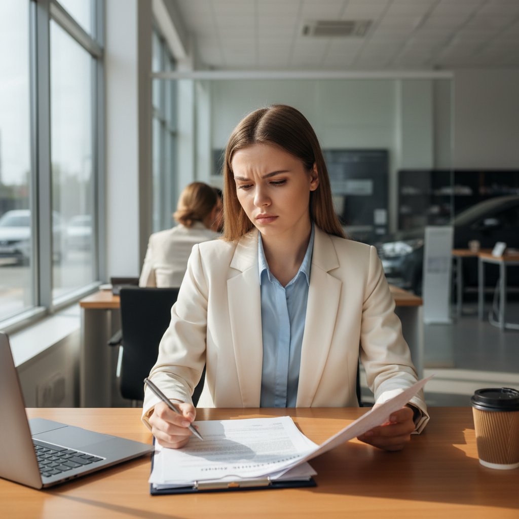 Young woman reviewing car finance paperwork, skeptical expression, dealership office