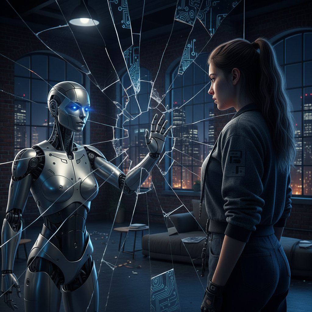 Młoda kobieta patrzy na swoje robotyczne odbicie w lustrze, urbanistyczne wnętrze, filozoficzne aspekty robotyki, AI