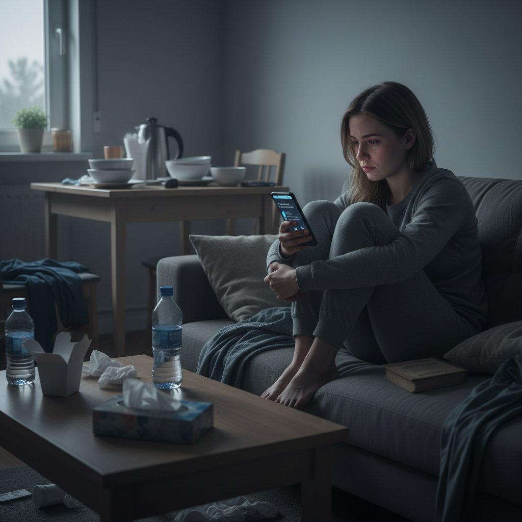 Psychisch belastete junge Frau sitzt allein mit Handy in einfacher Wohnung, Fokus auf emotionale Isolation durch Armut