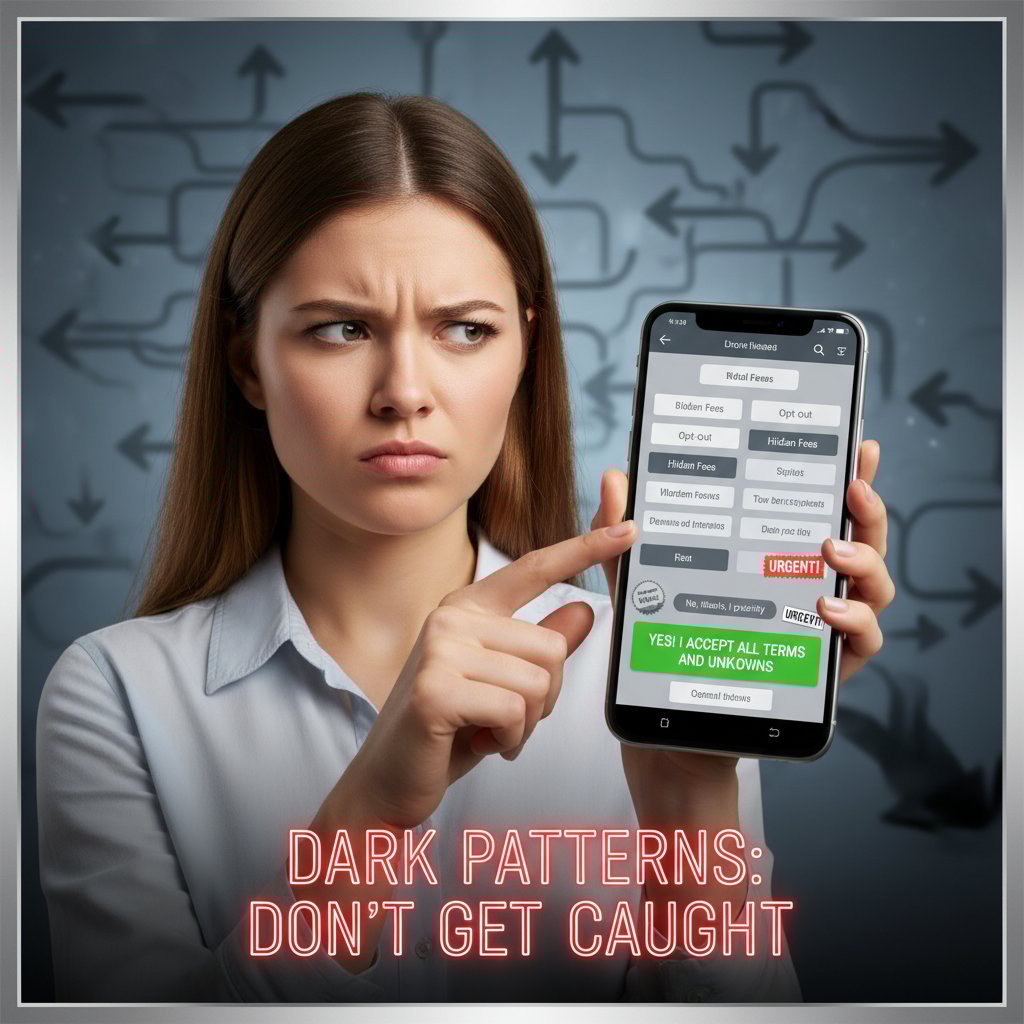Junge Frau blickt skeptisch auf Werbeanzeige am Smartphone, Dark Patterns bei Health-Apps