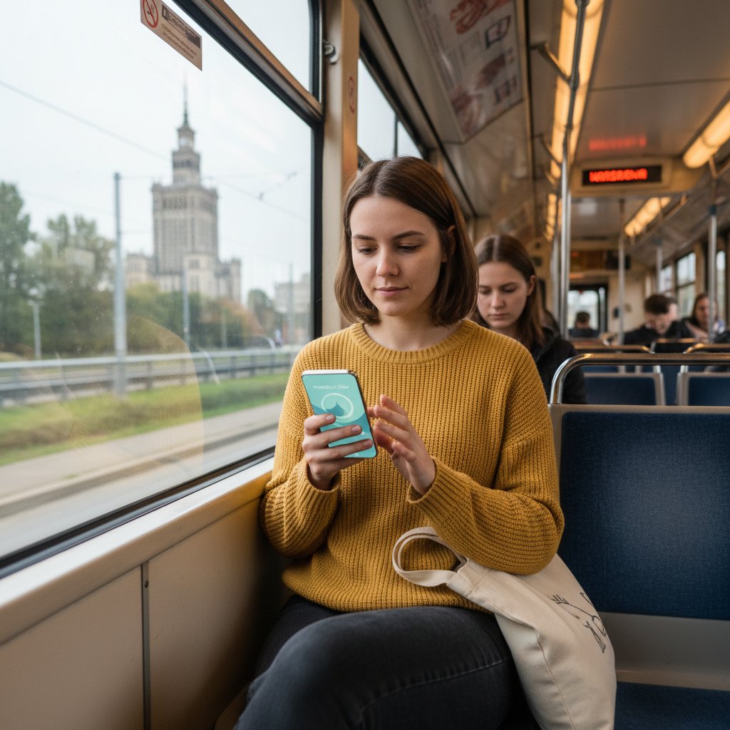 Początki praktyki mindfulness w miejskiej codzienności – młoda kobieta przeglądająca aplikację w tramwaju