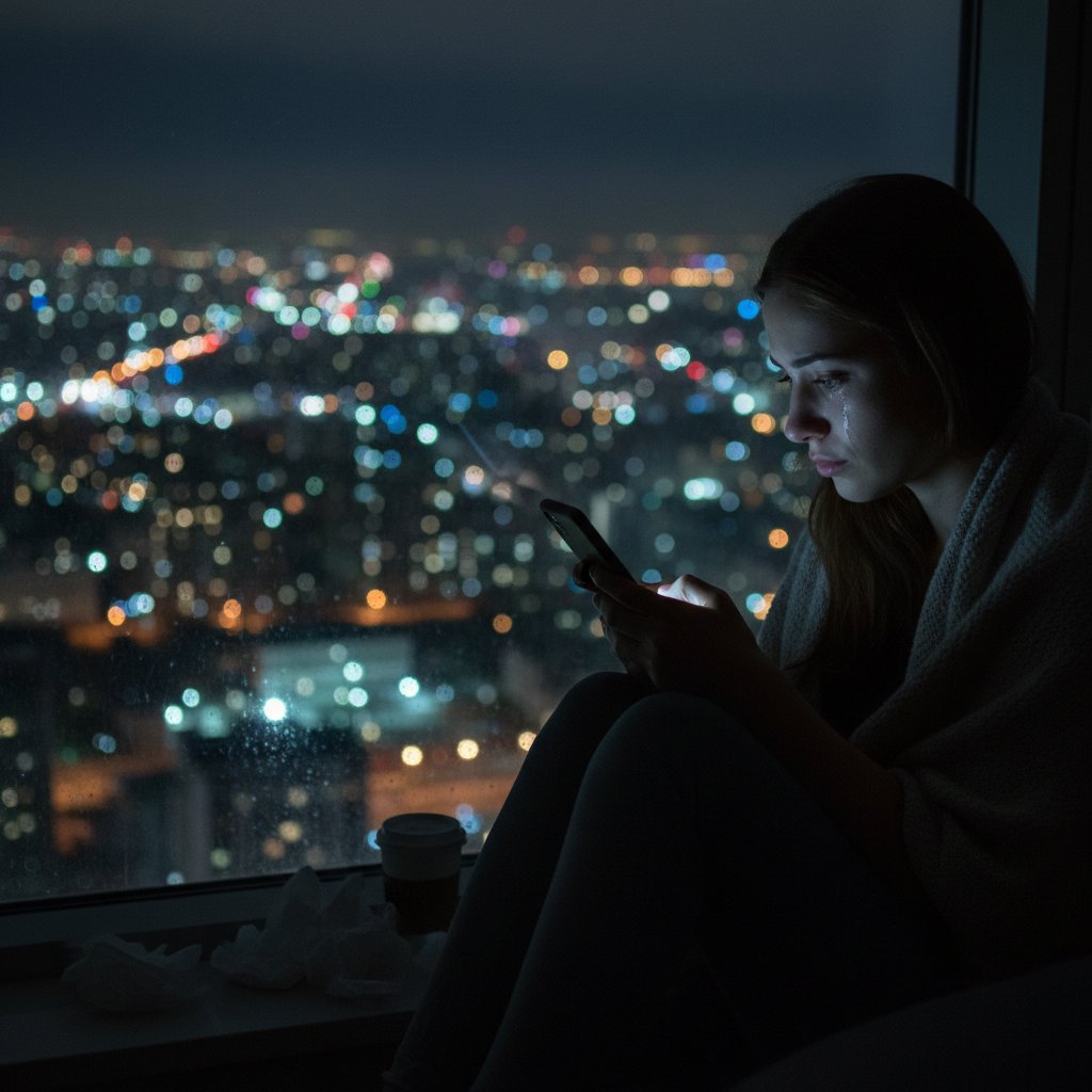 Młoda kobieta przewijająca telefon, smutek, samotność, światła miasta nocą