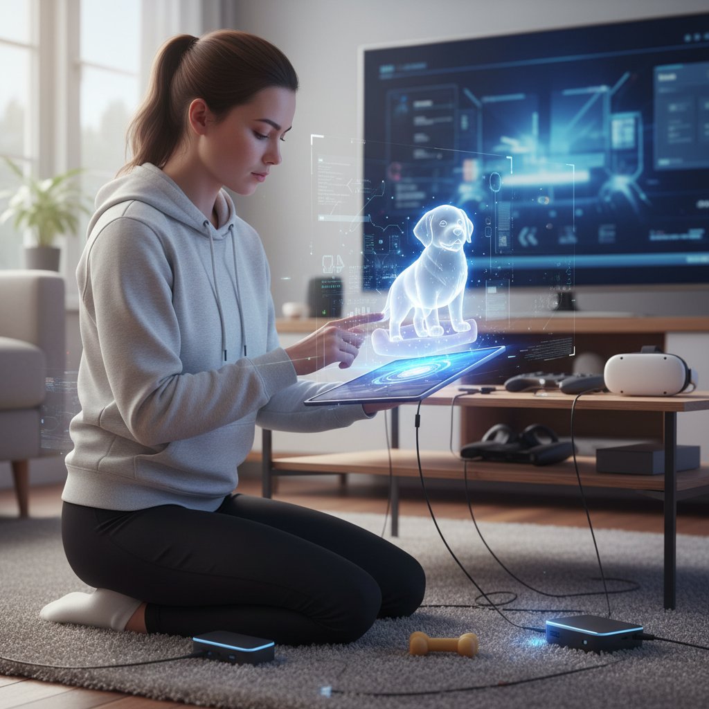 Młoda kobieta ustawiająca profil w aplikacji z wirtualnym pieskiem