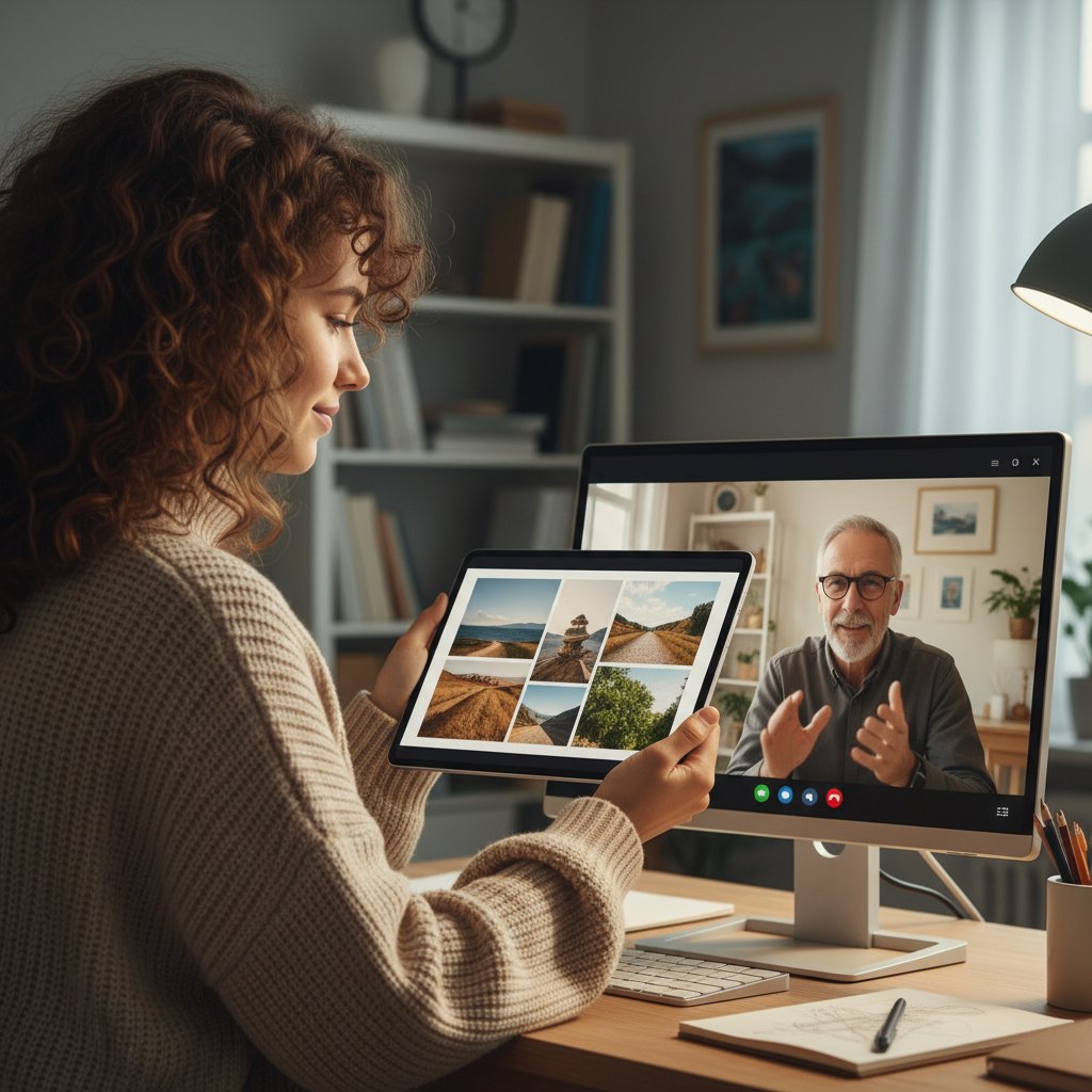 Młoda kobieta prezentuje swoje portfolio fotograficzne podczas wideospotkania z mentorem