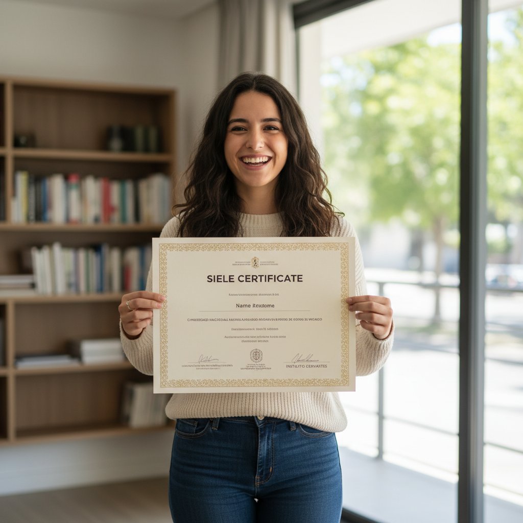 Zdjęcie młodej kobiety z certyfikatem SIELE w dłoni, uśmiechniętej po egzaminie