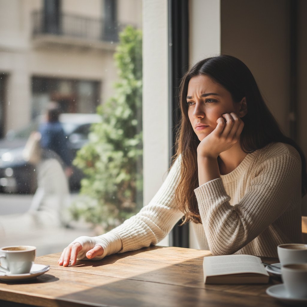 Młoda kobieta siedząca samotnie przy stole, zamyślona, smutny wyraz twarzy, opuchnięta dłoń