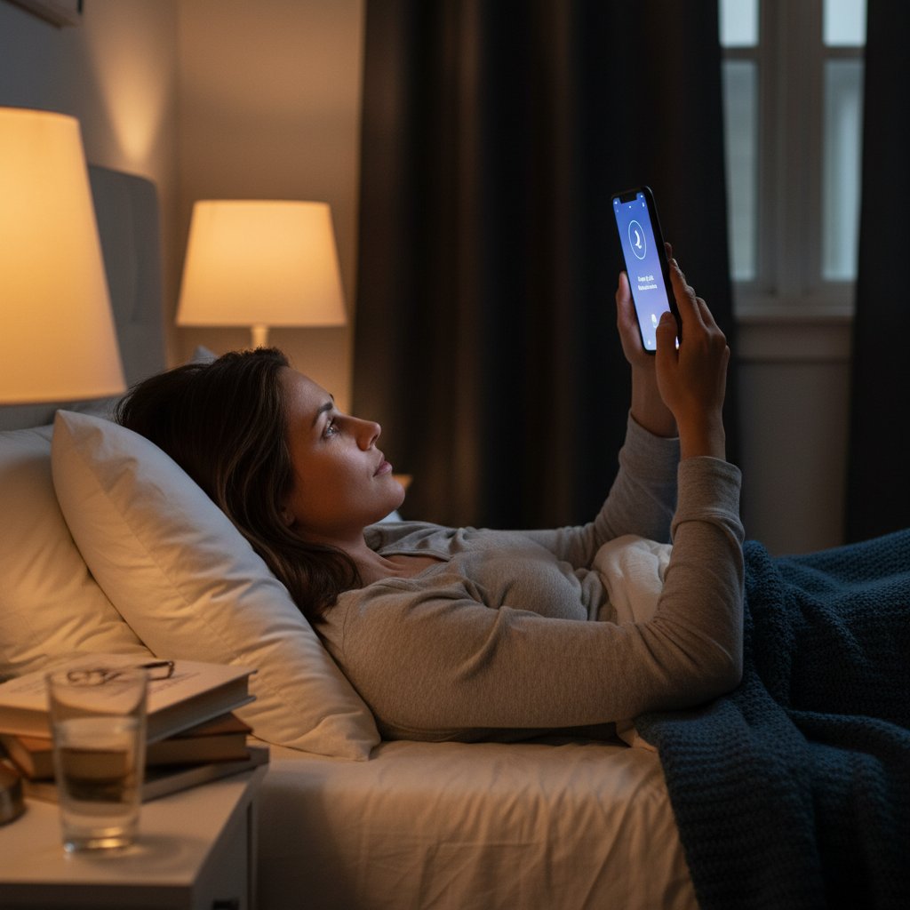 Młoda kobieta sprawdzająca aplikację monitorującą sen na smartfonie, łóżko w tle, noc