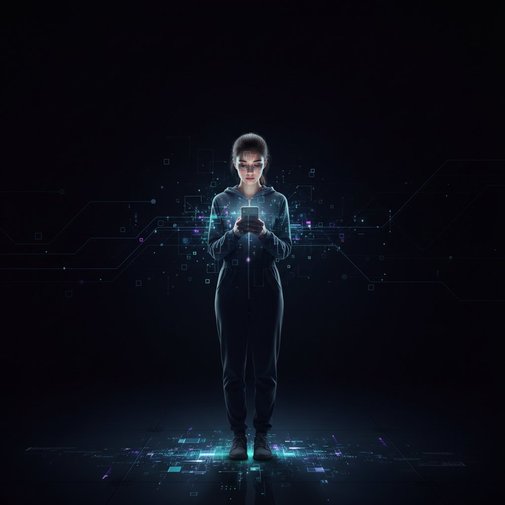 Młoda kobieta wpatrzona w ekran smartfona z wyraźnym światłem AI, ciemny pokój, wyobcowanie