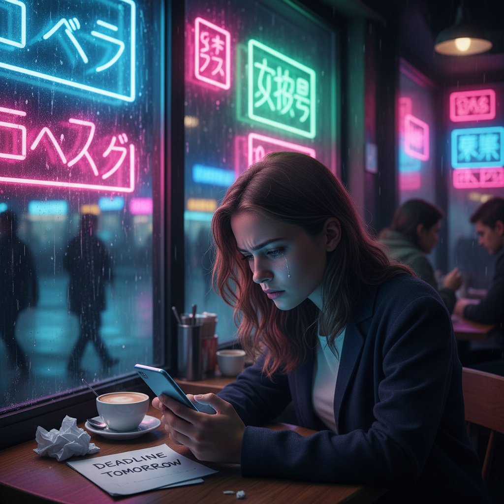 Młoda kobieta patrzy ze zmartwieniem na ekran smartfona w zatłoczonej kawiarni, światło neonów, napięcie psychiczne