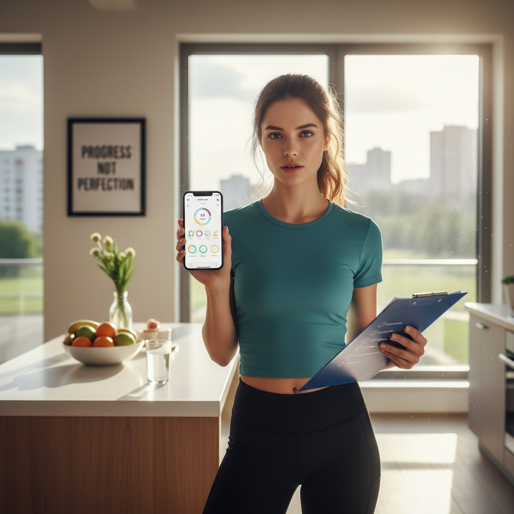 Młoda kobieta sprawdzająca listę na smartfonie, nowoczesne wnętrze, atmosfera motywacji i zdrowego stylu życia