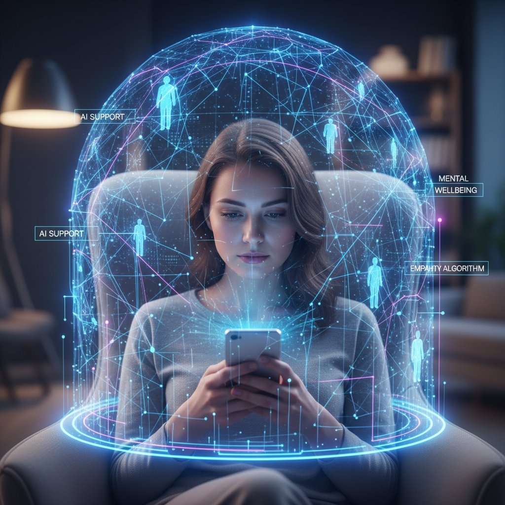 Młoda kobieta z telefonem analizowana przez cyfrowe linie, symbol sztucznej inteligencji wspierającej psychikę