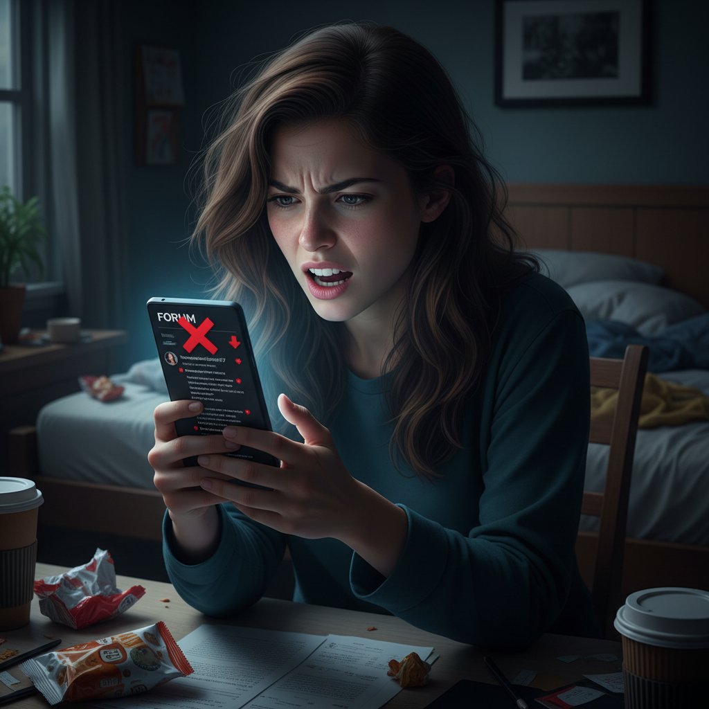 Junge Frau schaut zweifelnd auf ihr Smartphone, Forumsbeiträge im Display, symbolisiert Frustration