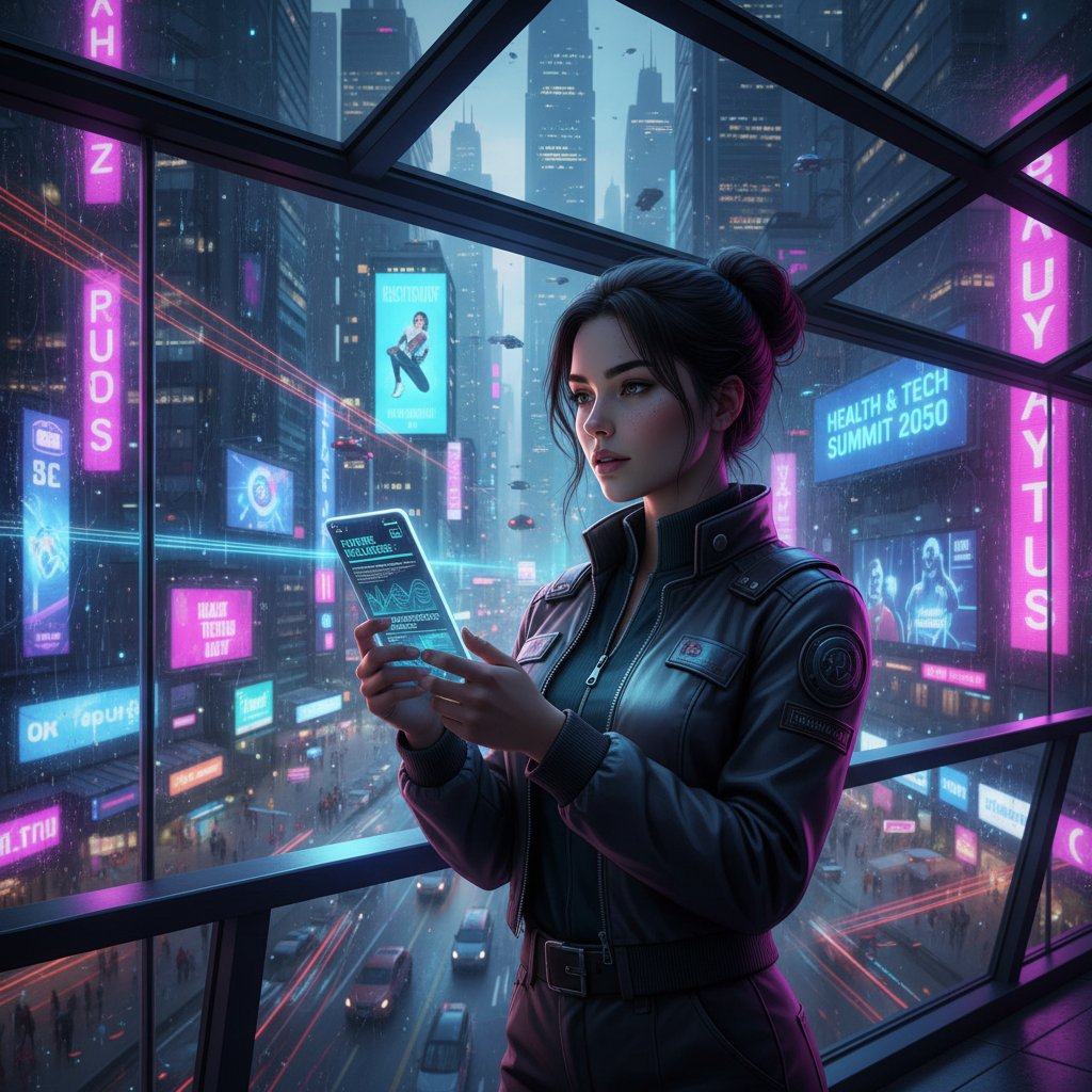 Młoda kobieta z telefonem, czytająca newsy zdrowotne na tle neonów, symbolizujące informacyjny szum