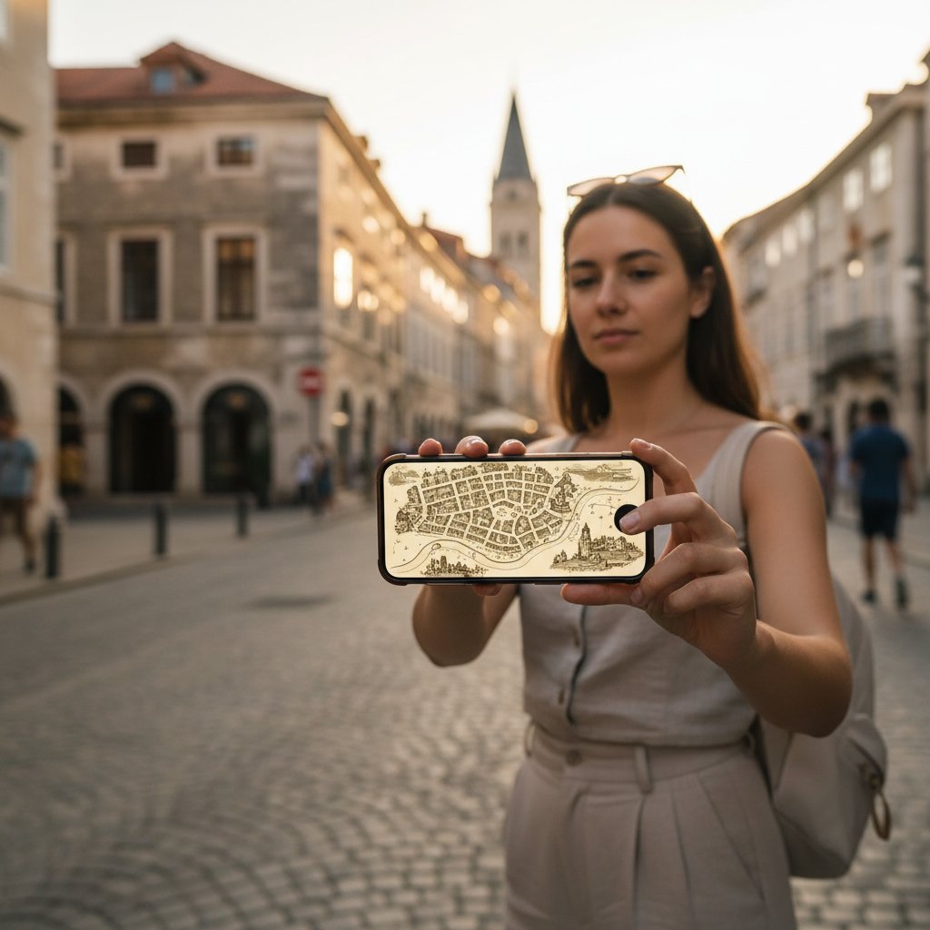 Młoda kobieta przeglądająca aplikację historyczną na smartfonie w parku miejskim, na ekranie widoczna stara mapa miasta