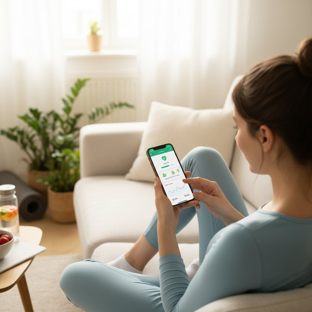 Zdjęcie młodej kobiety korzystającej z aplikacji zdrowotnej na smartfonie w domowym otoczeniu