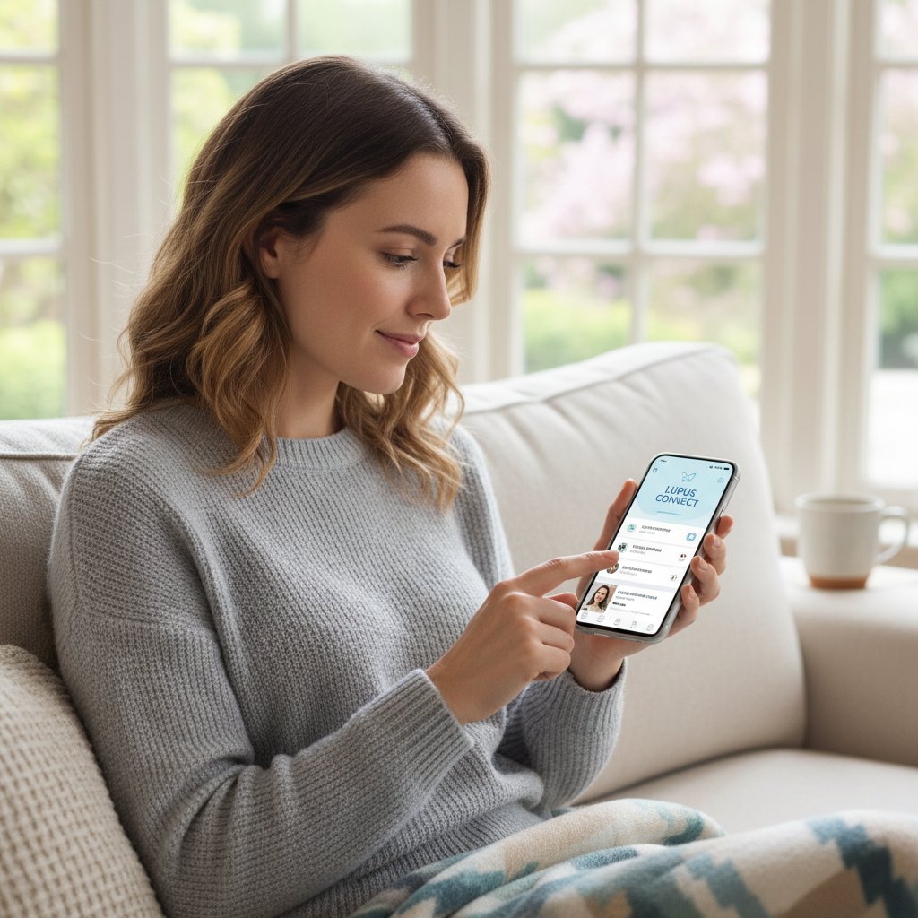 Młoda kobieta korzystająca z aplikacji medycznej na smartfonie, cyfrowe wsparcie w SLE