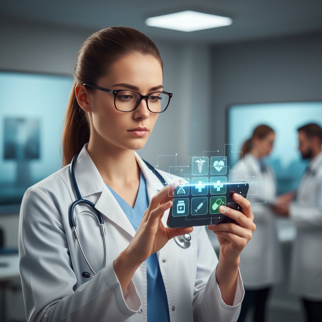 Młoda kobieta patrząca w ekran smartfona z wyraźnym skupieniem, medyczne ikony wokół niej