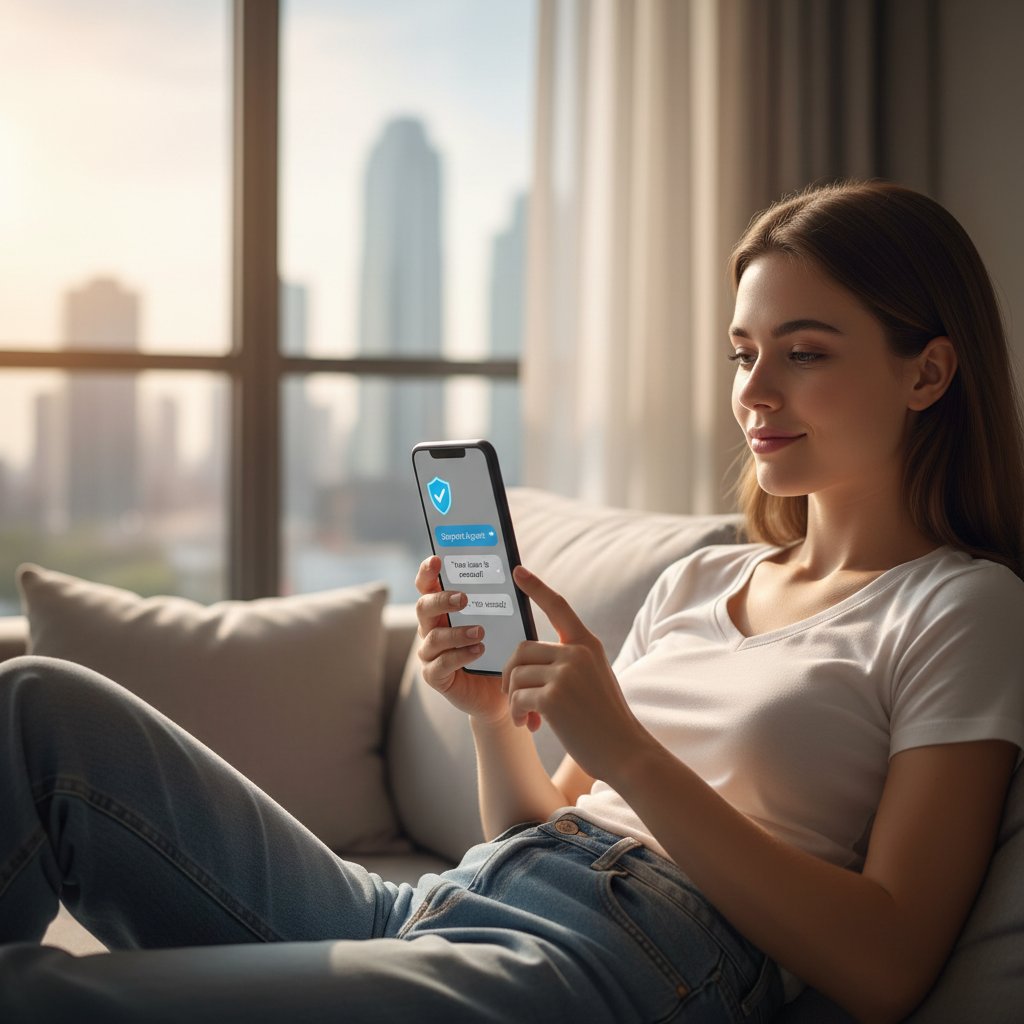 Junge Frau mit Smartphone in der Hand, erkennbar erleichtert nach einem Chat