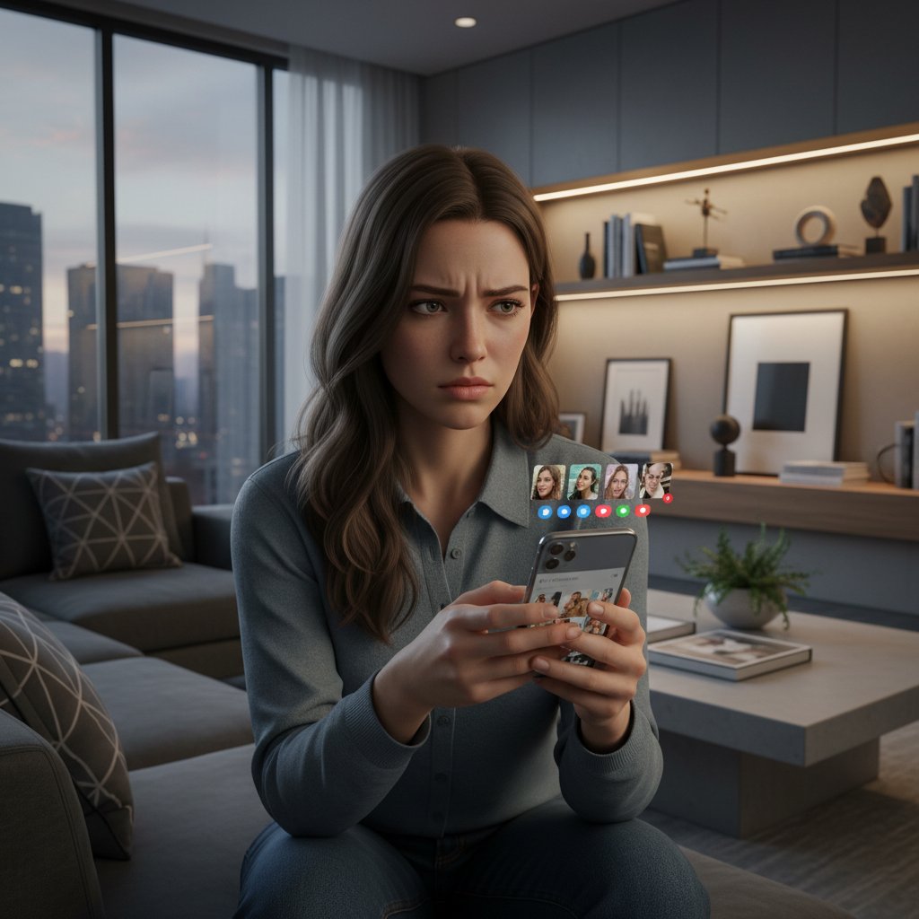 Młoda kobieta z telefonem w ręku, przegląda media społecznościowe z niepewną miną, nowoczesny pokój, wieczorne światło