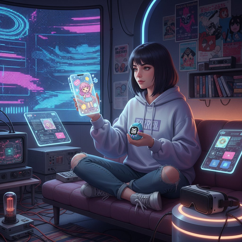 Junge Frau mit Smartphone, Tamagotchi und virtuelle Freundin am Tisch, Vergangenheit trifft Zukunft