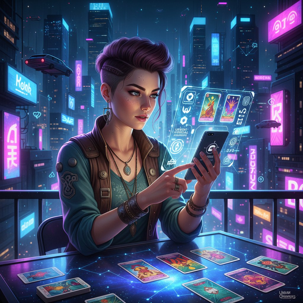 Junge Frau schaut nachts auf ihr Smartphone, Tarotkarten im Neonlicht, Thema Online Kartenlegen Zukunft Liebe