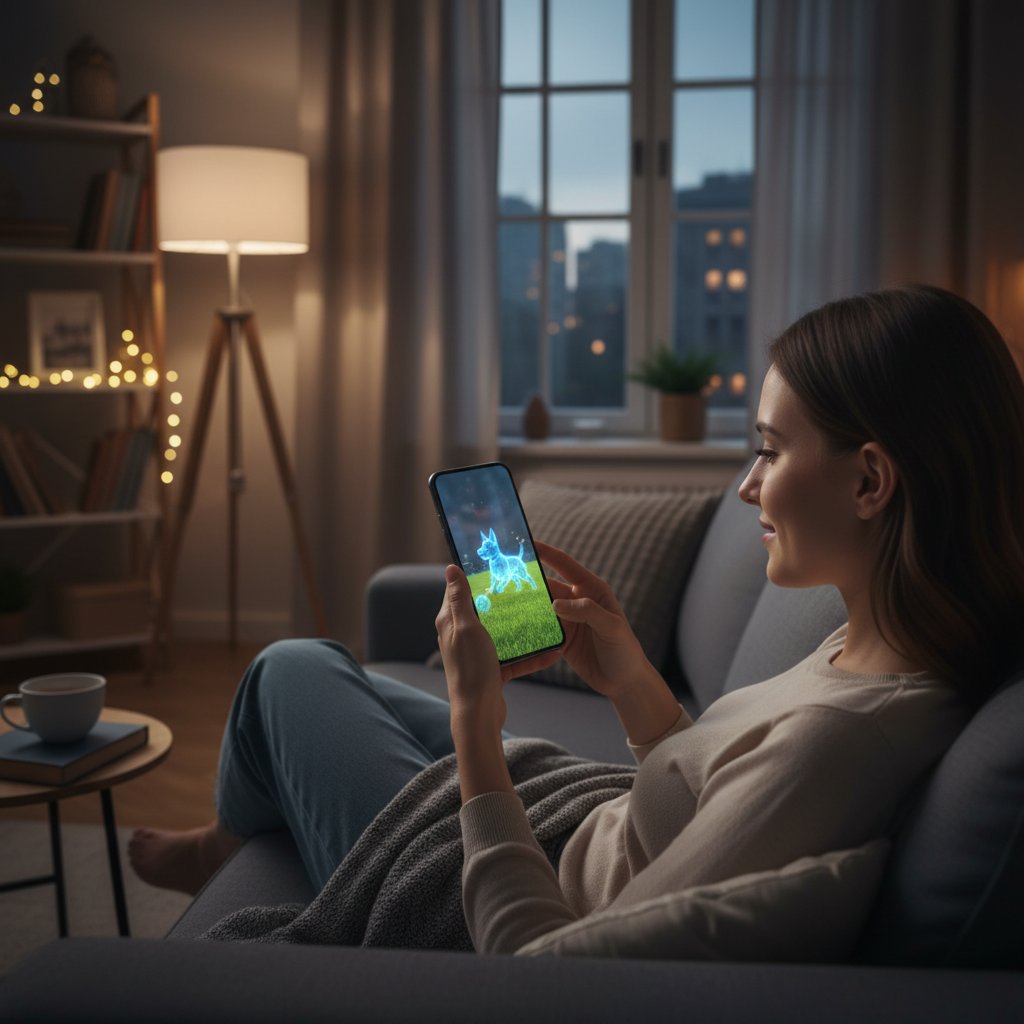 Młoda kobieta z telefonem i cyfrowym psem AI na ekranie, relaks wieczorem w mieszkaniu