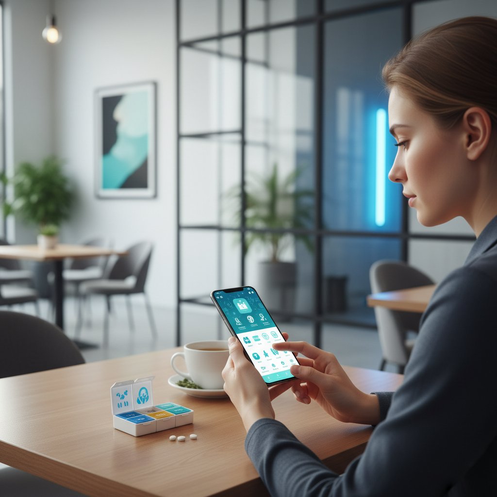 Młoda kobieta korzystająca z aplikacji zdrowia na smartfonie, siedząca w kawiarni – symbol nowoczesnych trendów w terapii neurologicznej