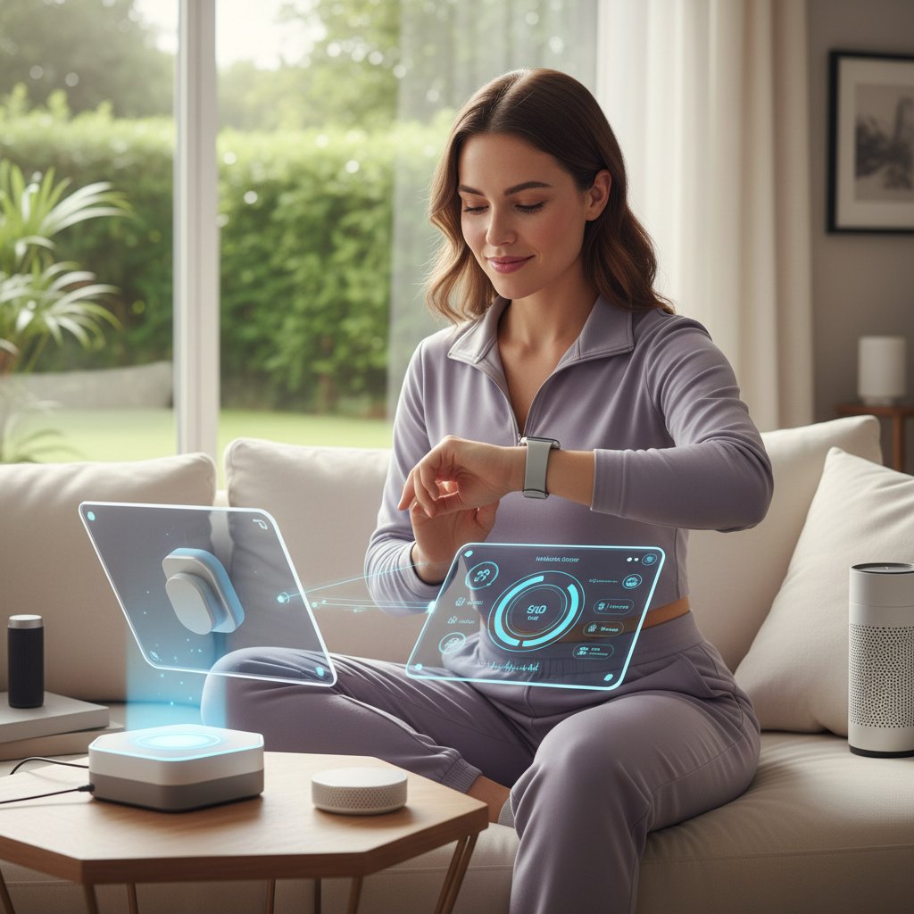 Młoda kobieta używająca smartwatcha do monitorowania parametrów zdrowotnych w domowym zaciszu