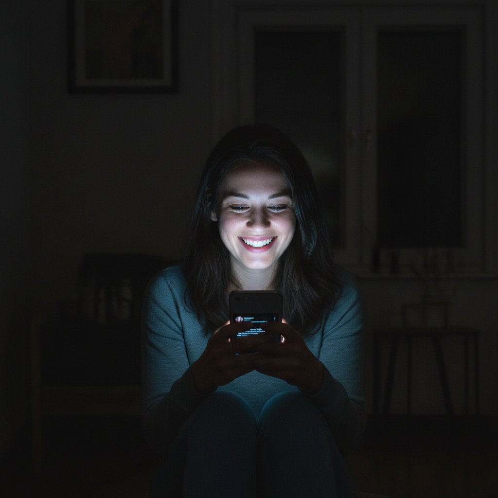 Młoda kobieta z uśmiechem rozmawiająca przez telefon w ciemnym pokoju, symbolizująca skuteczność cyfrowego wsparcia