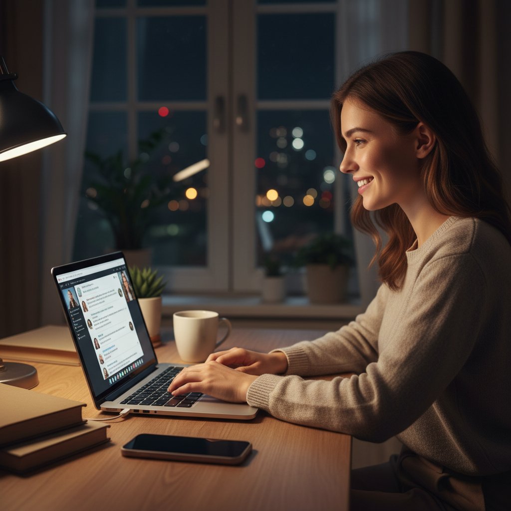 Młoda kobieta uśmiecha się do ekranu laptopa podczas nocnej rozmowy online, symbolizując ulgę po stresie