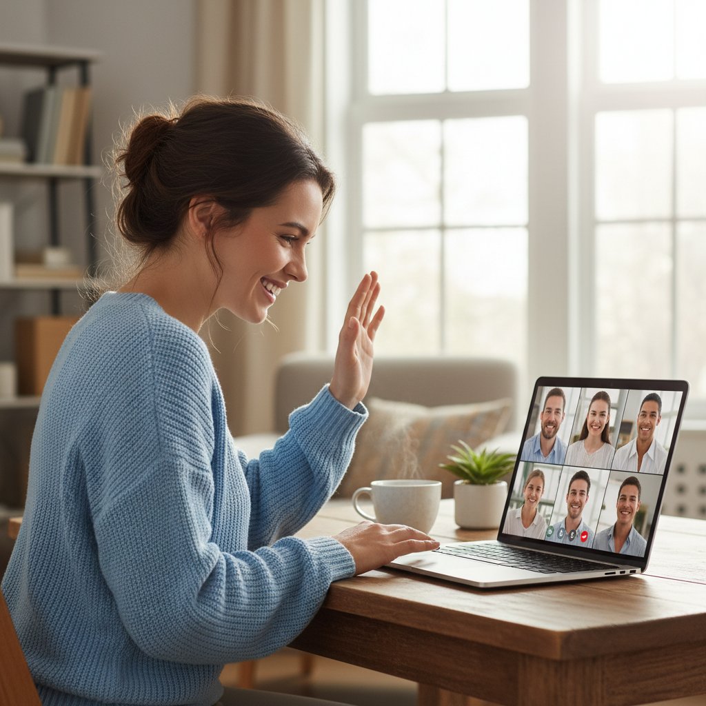 Młoda kobieta uśmiecha się do ekranu laptopa, na którym prowadzi rozmowę