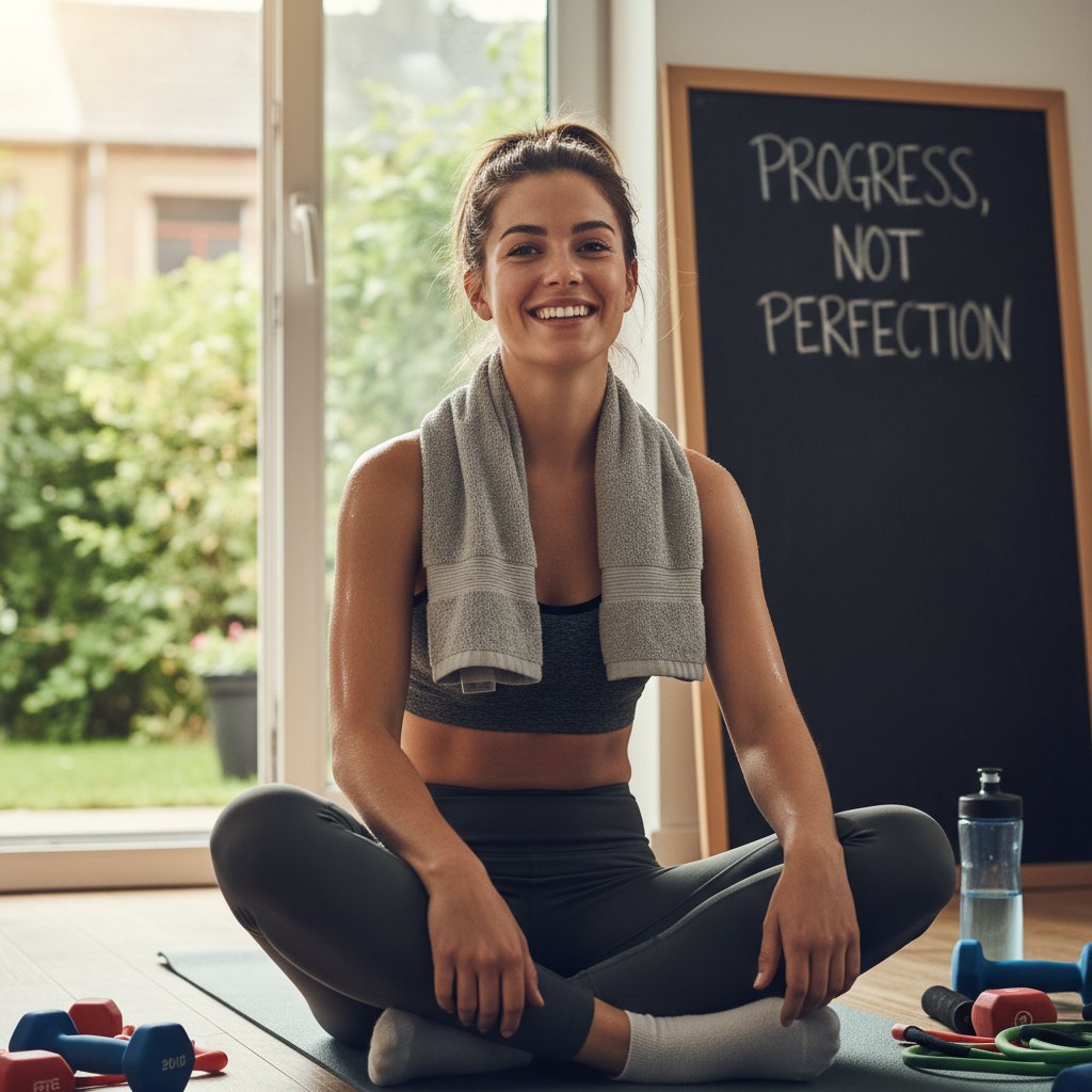 Młoda kobieta uśmiechnięta po zakończonym treningu, satysfakcja i motywacja, domowe warunki