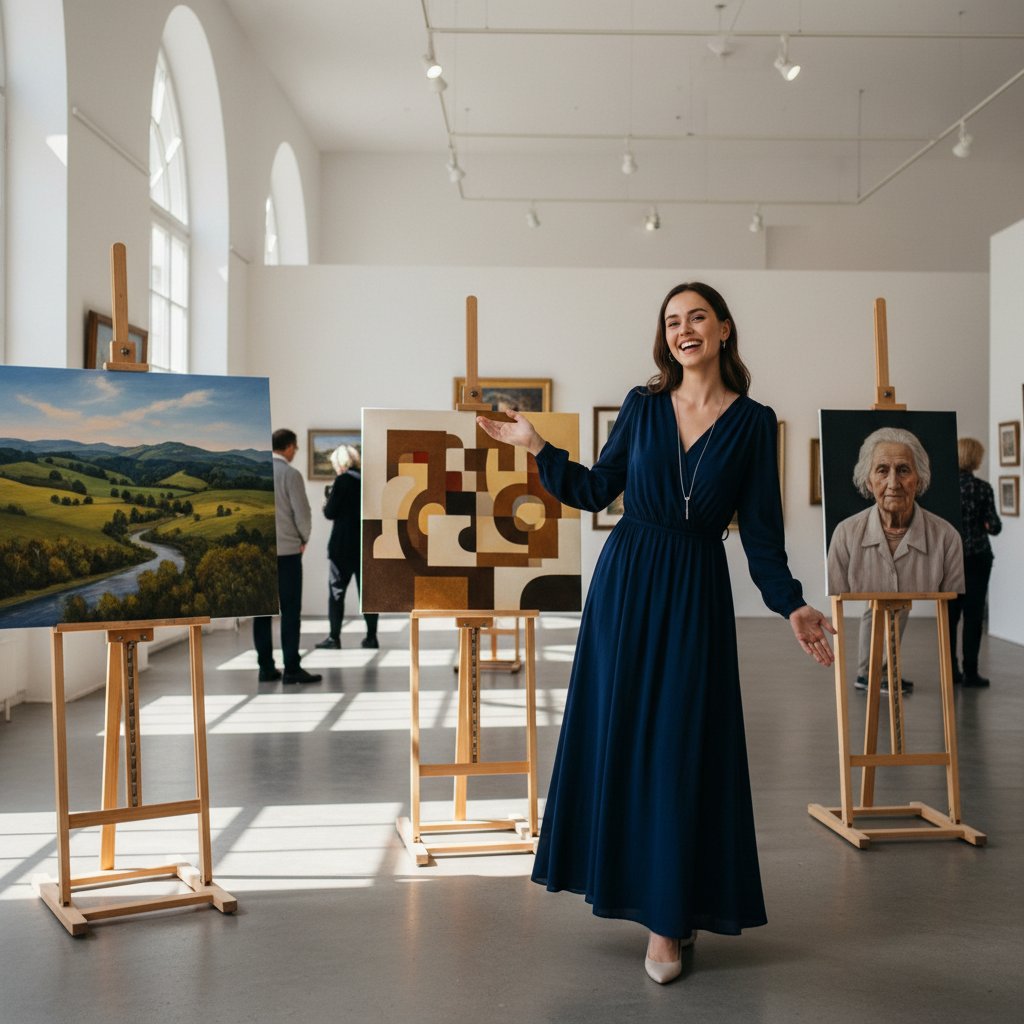 Młoda kobieta z uśmiechem prezentuje swoje obrazy na wystawie, sala galeryjna, prace na sztalugach