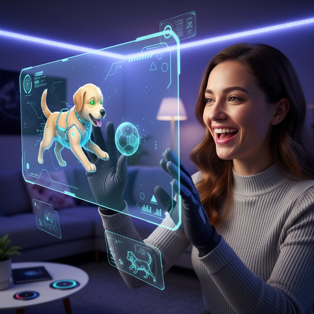 Młoda kobieta uśmiechająca się do ekranu z psem AI, słowa kluczowe: wirtualny pies, piesek AI, technologia, emocje