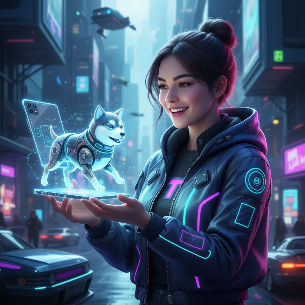 Młoda kobieta patrzy z uśmiechem na smartfona, obok hologram wirtualnego psa – wizja nowoczesnej relacji człowiek-AI