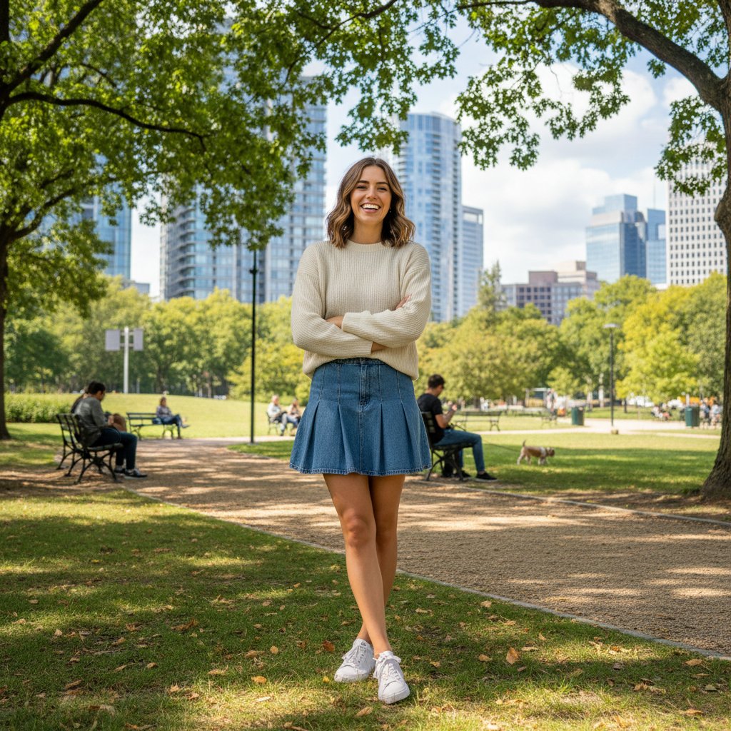 Młoda kobieta uśmiecha się w parku miejskim, naturalna pozytywna energia na twarzy