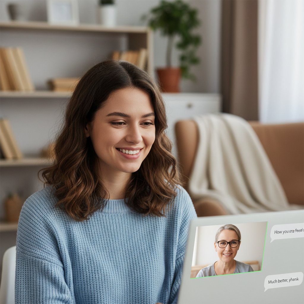 Młoda kobieta uśmiechająca się do ekranu podczas rozmowy wideo z psychologiem online