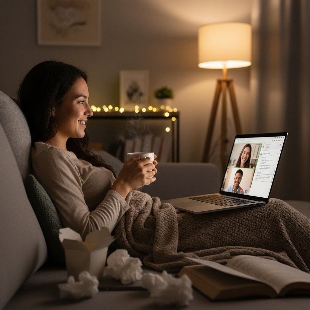 Młoda kobieta rozmawia z laptopem z uśmiechem, relaks po ciężkim dniu, kumpel online