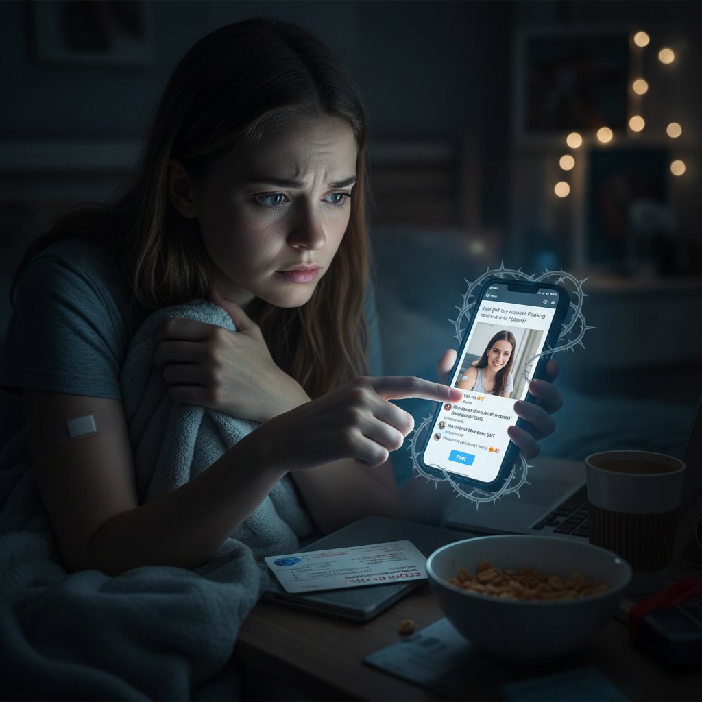 Młoda kobieta przeglądająca media społecznościowe z niepokojem po szczepieniu