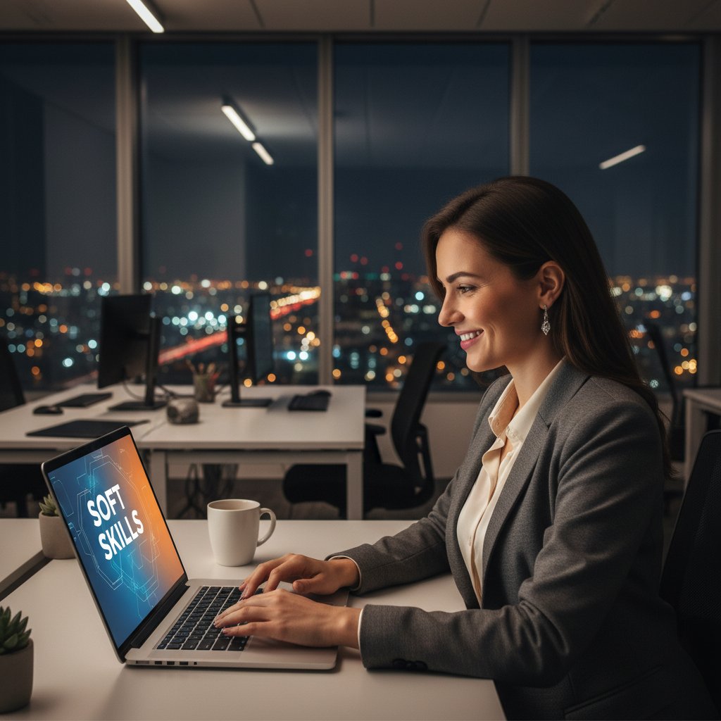 Kobieta podczas kursu online z kompetencji miękkich, skupiona przy laptopie, miejskie wnętrze