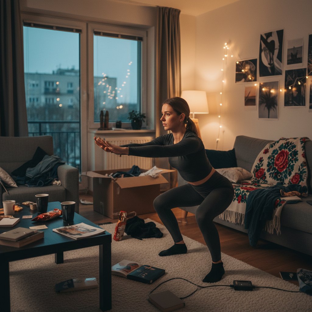 Kobieta ćwicząca w mieszkaniu, codzienny bałagan wokół – 150 minut tygodniowo w praktyce