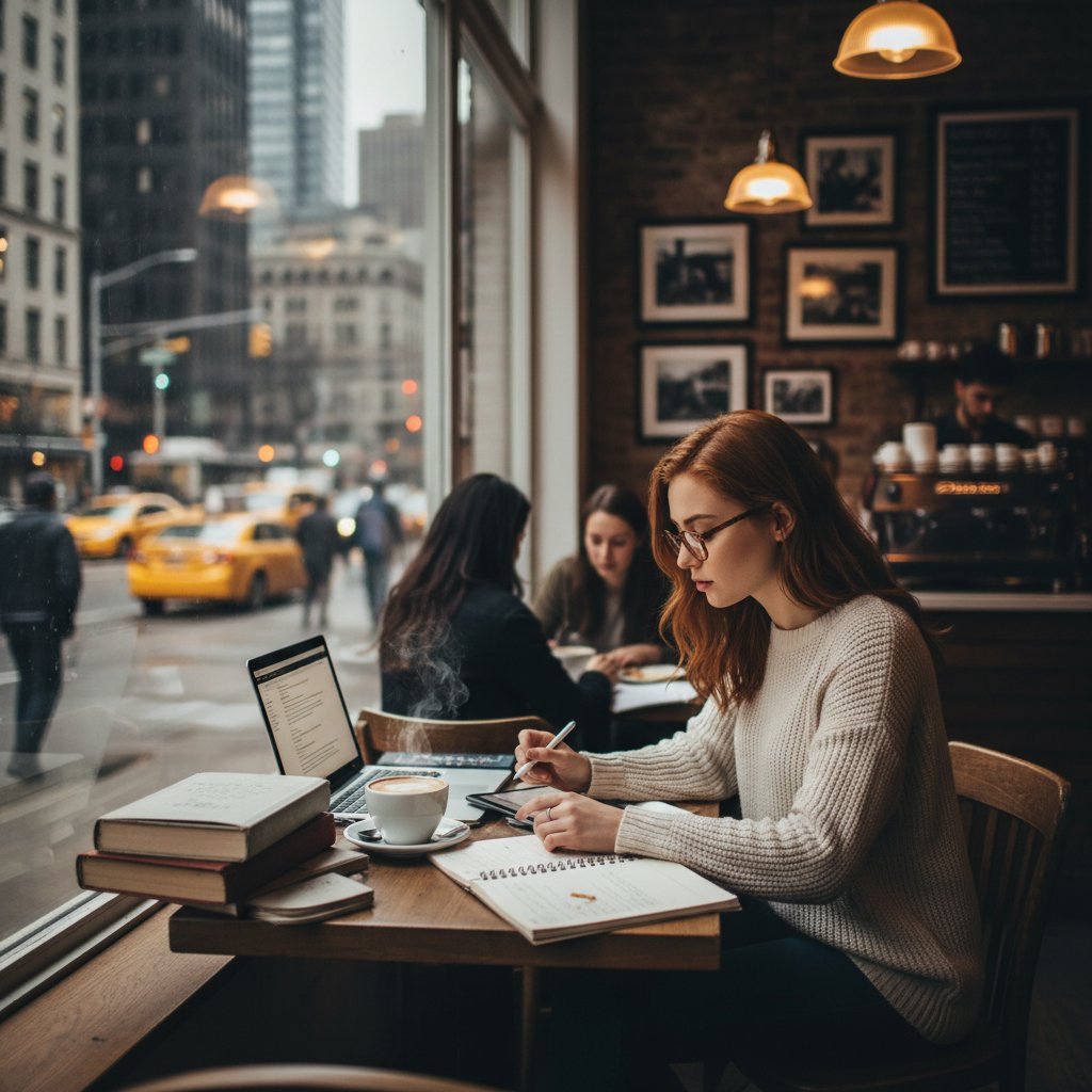 Młoda kobieta zdeterminowana do nauki przy stoliku w kawiarni w Warszawie