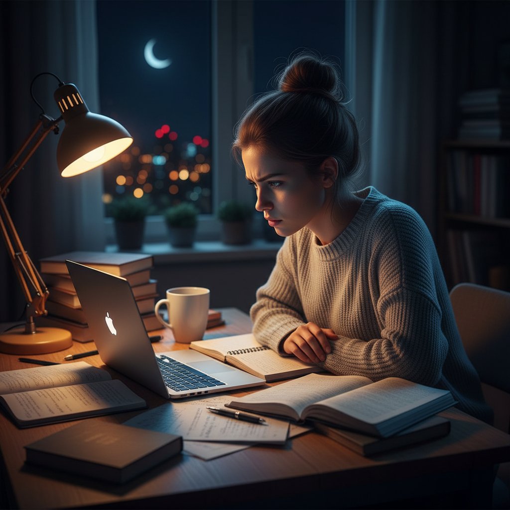 Młoda kobieta siedząca przy laptopie, notatki i kubek kawy, nocna nauka biofizyki